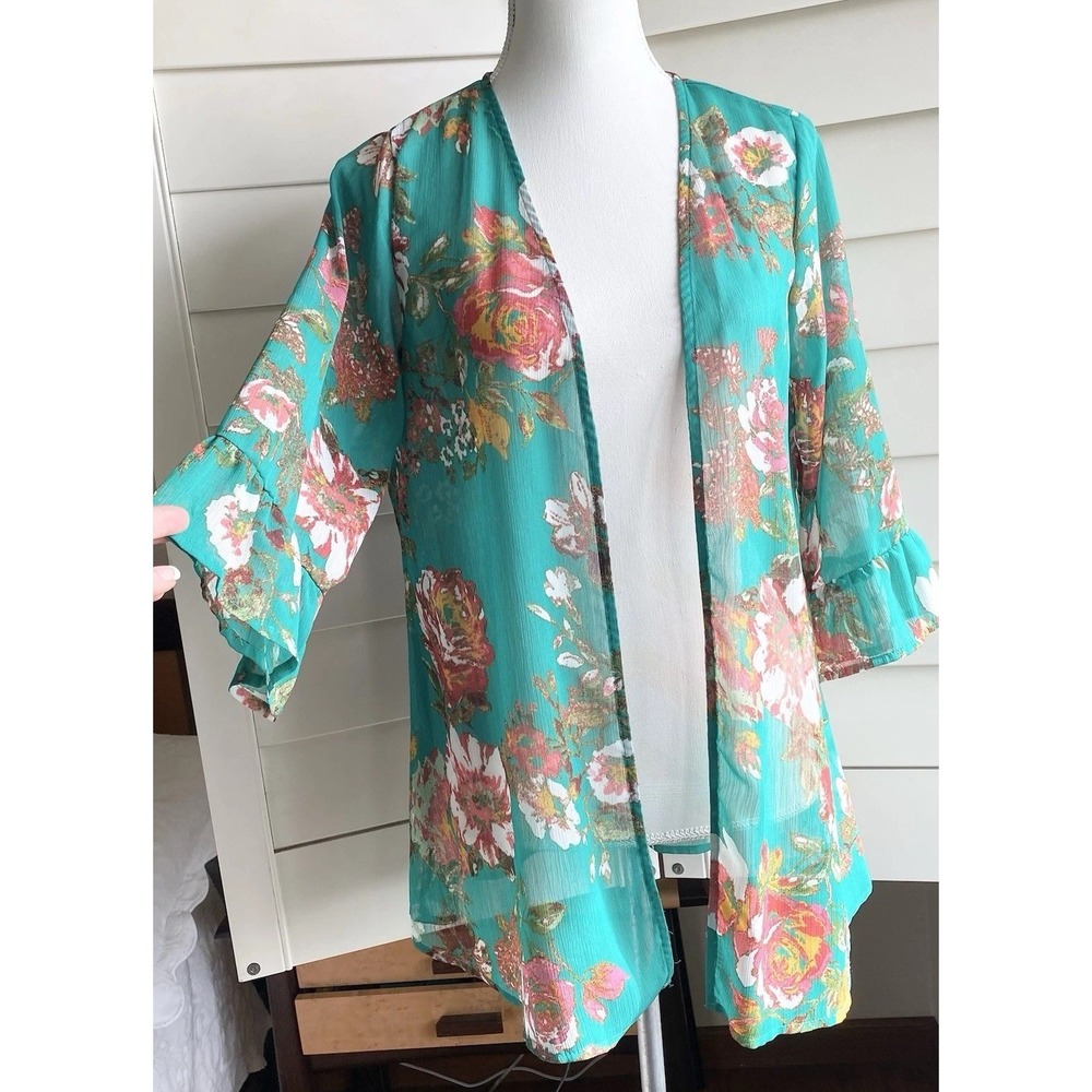 Boho Sheer Floral Kimono XS Tropical Green Open Front Beach Cover Up Lightweight - Picture 2 of 9